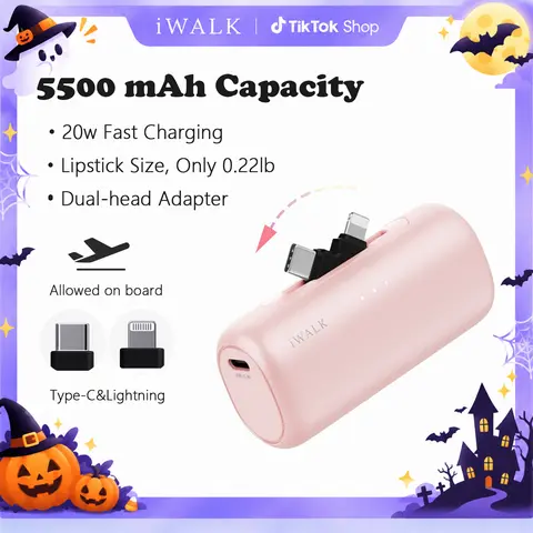 iWALK LinkPod 5500mAh 2-in-1 Connector Battery Power Bank - 20W Fast Charging, Dual-Port Portable Charger, 2-Way Charge, USB Adapter, Lipstick-Size, Easy to Carry, Adaptive Charging, Compact Travel Charging Solution for iPhone & Android