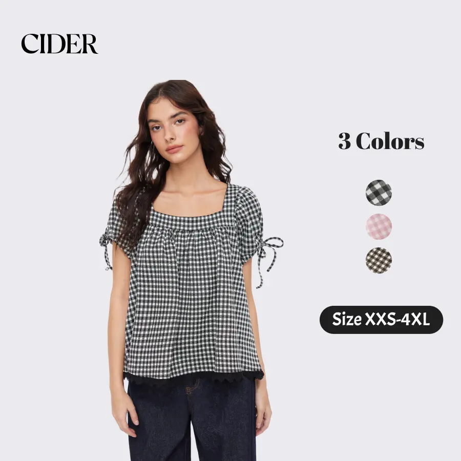 Cider Vintage Summer Plaid Square Neck Blouse for Casual Daily, Elegant Puff Sleeve Top, Ladies Drawstring Shirt, Retro Vacation Outfits, Lady Crop Tops SummerFinds
