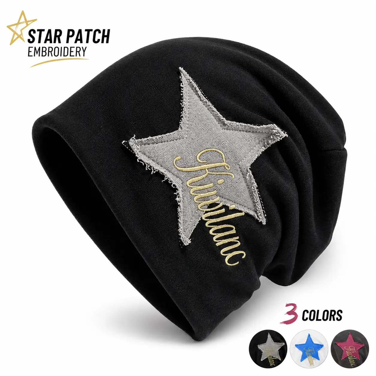 Unisex Y2K Star Patch Slouchy Beanie, Soft Stretch Baggy Skull Cap with Embroidered Letter Detail for Streetwear and Daily Wear
