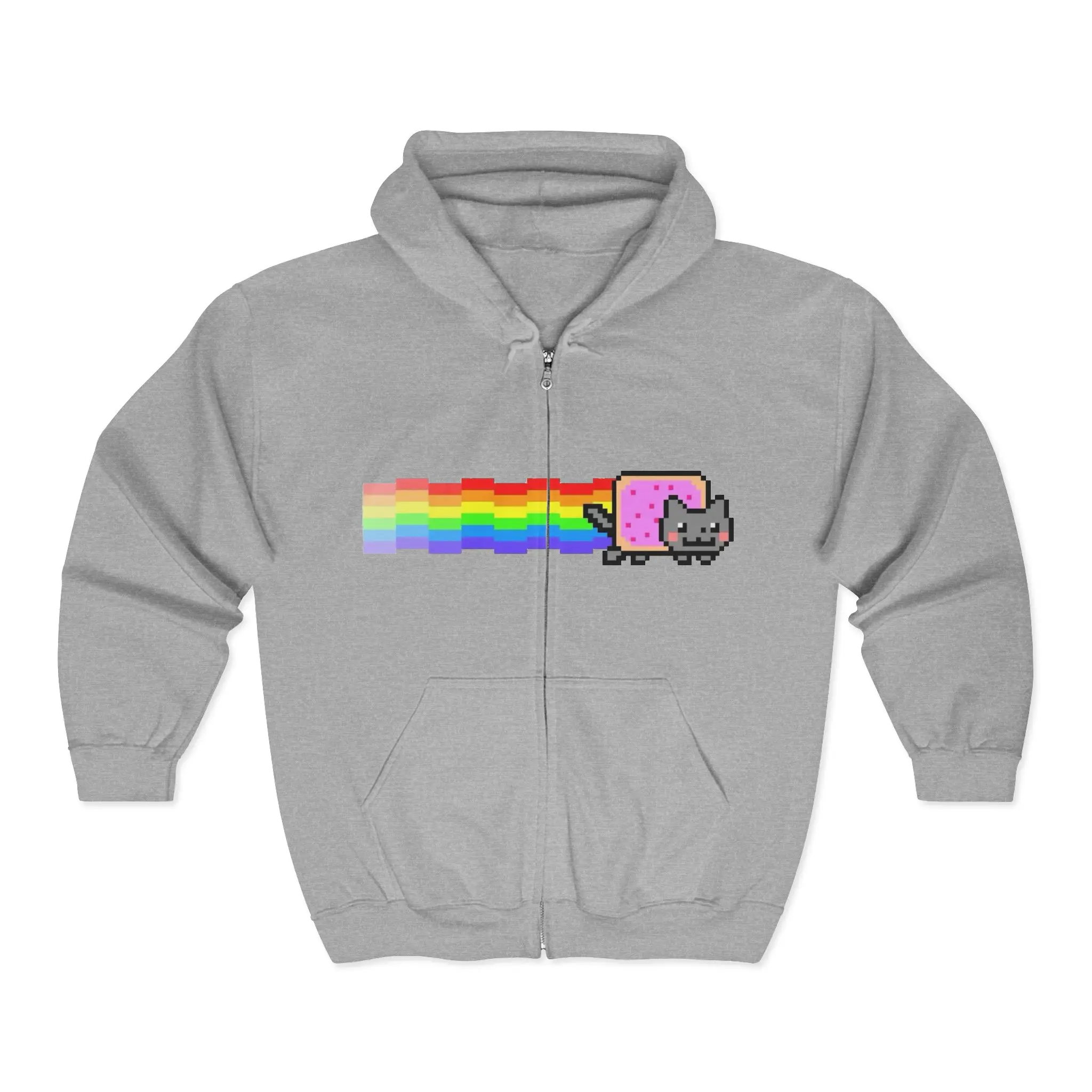 Pixel Cat Pop-Tart with Rainbow Trail Hoodie | Zip Sweatshirt Nyan Cat Scene Emo Y2k Alternative Swag
