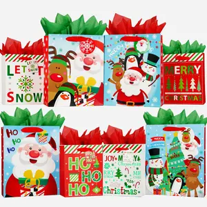 8 Pack Christmas Gift Bags Assorted Sizes with Tissues (4 Medium 9", 4 Large 12.6"), Christmas Paper Bags Bulk with Handles, Xmas Gift Bags for Kids Christmas Party Supplies