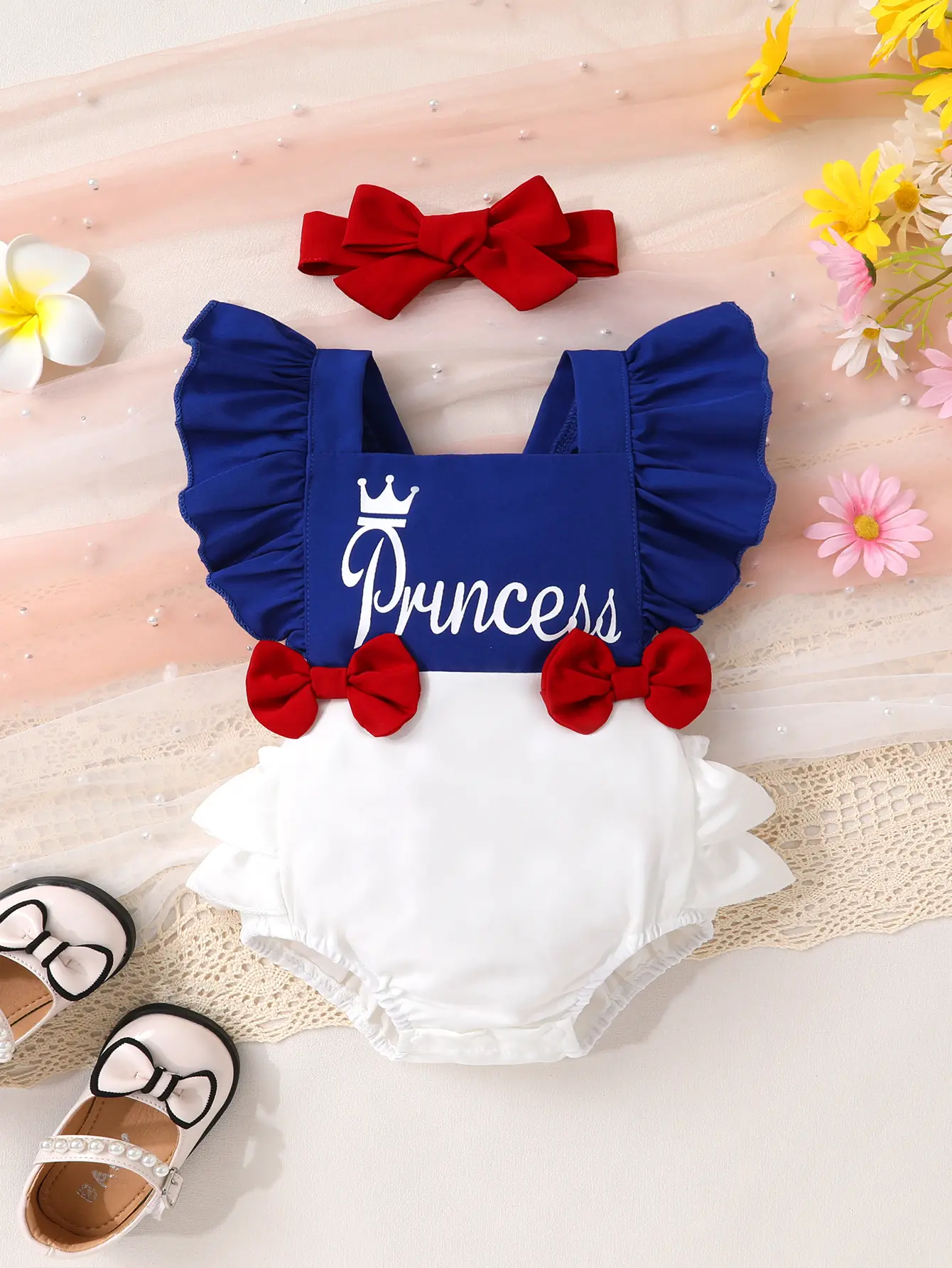 Cute Baby Girl, Sweet, Soft, Comfortable, Fashionable, Crown Letter Printed Front Bow Decoration Dress, Jumpsuit, Headband Suitable For Spring And Summer Leisure Parties, Vacations And Outings Baby Clothing