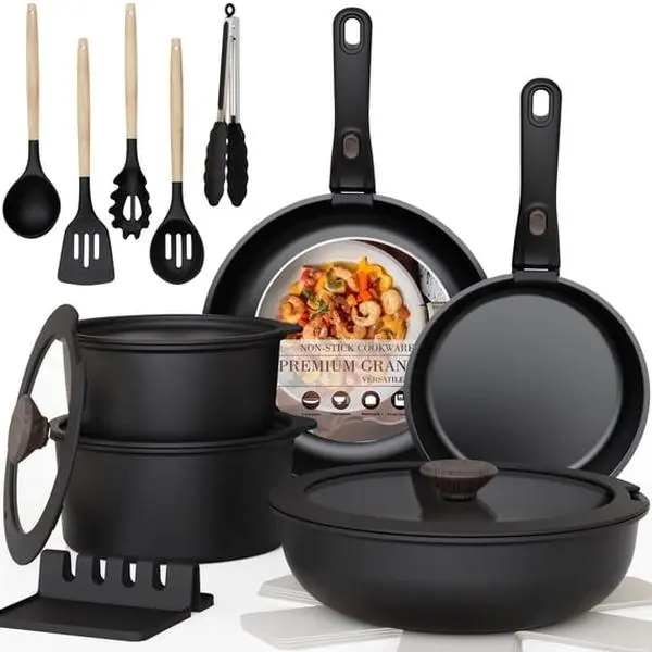 Astercook 20-Piece Ceramic Nonstick Cookware Set, Pots & Pans with Detachable Handles, Stackable, Oven Safe, Induction Ready – Black