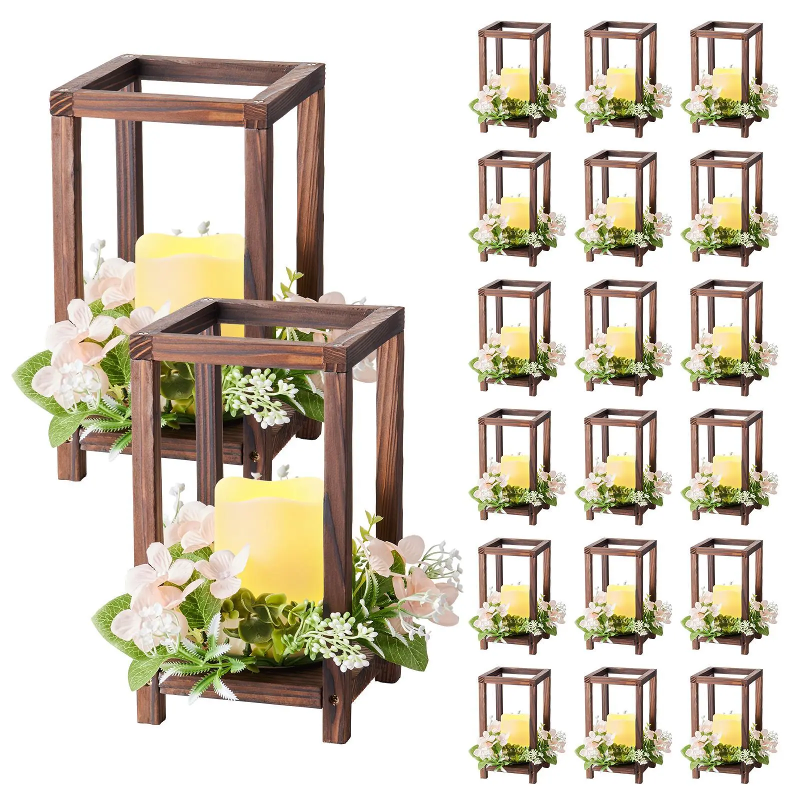 【SummerFinds】VEVOR 20 Set/60 Pcs Wooden Wedding Lantern Centerpiece, Includes 20 Wooden Lantern Candle Holder 20 Flameless LED Candle 20 Champagne Flower Wreath for Wedding Table Party Farmhouse Decor, Brown