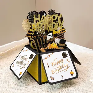 FuRise Luxury 3D Pop-up Box Birthday Card – Handmade Black Gold Foldable Greeting Card with Envelope