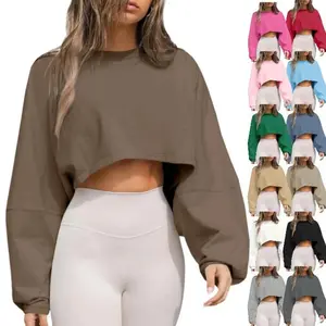 Imily Bela Womens Long Ballon Sleeve Sweatshirts Tops Cropped Crew Neck Loose Fit Casual Workout Shirts
