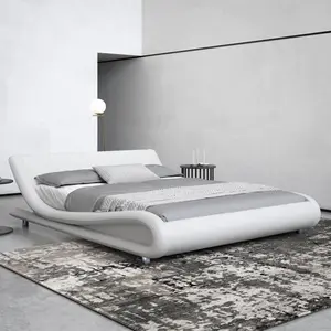 HOOMIC Upholstered Platform Bed Frame【Frame Only No Mattress】,Low Profile Sleigh Design with Linen/Faux Leather Headboard - Full/Queen/King Sizes,White/Black/Grey,No Box Spring Required
