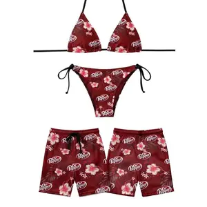Couple Matching Swimwear, Dper Red Tropical Flower Print Bikini Set with Men's Shorts, Perfect Couple Gift Idea, Summer Beachwear, Tropical Vacation, Couples Swimwear