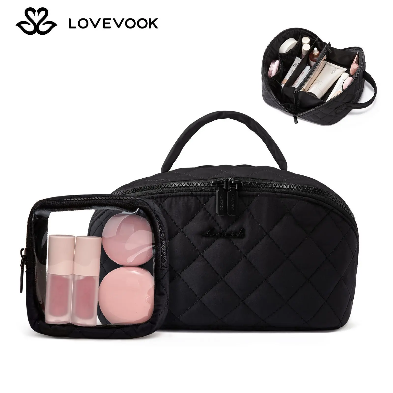 LOVEVOOK Travel Makeup Bag for Women,180° Lay-Flat Puffer Quilted Cosmetic Organizer,Portable Waterproof Toiletry Bag for Woman,Slanted Opening Make Up Bag for Everyday Use,DealsForYouDays
