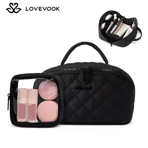 LOVEVOOK Travel Makeup Bag for Women,180° Lay-Flat Puffer Quilted Cosmetic Organizer,Portable Waterproof Toiletry Bag for Woman,Slanted Opening Make Up Bag for Everyday Use,TikTokShopStockUp