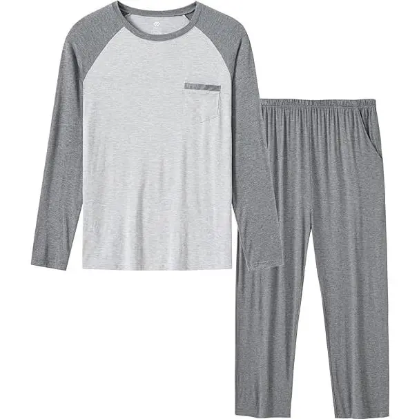 MoFiz Men's Long Sleeve Pajama Set with Modal Pants and Pockets for Fall and Spring Soft Casual Loungewear Crewneck Nightwear Homewear Pjs Pyjamas Menswear Suit Beige Light Grey