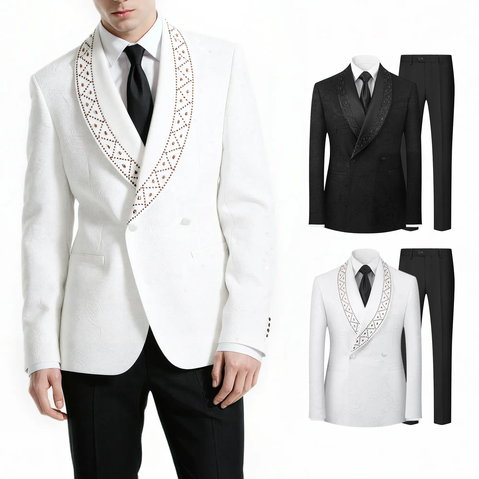 Men’s Fancy 2-Piece Rhinestone Jacquard Tuxedo Suit - Slim Fit Shawl Lapel Long Sleeve Blazer with 2-Button Closure, Pocket & Pants, All-Seasons Formal Menswear Outfit for Prom, Wedding (Dry Clean Only), Aesthetic, Sleeves, Textured, Rhinestones, Fabric,,