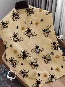Spring Summer Elegant Women's Cartoon Bee Animal Print Vest, Cross Deep V Neck Sleeveless Knit Sweater, Casual Breathable Top, Casual Sleeveless Outerwear