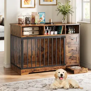 Gaomon 48-Inch Dog Crate Furniture for Small Dogs - 3-Drawer Storage, Hidden Bowl, Multi-Functional Side Table with Multi-Functional Use, Retro Brown Finish