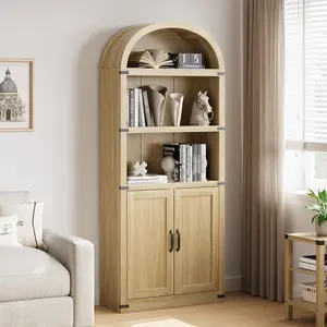Garvee 3-Tier Bookcase with Doors, 72" Tall Bookshelf with Arched Top, Large Freestanding Wooden Open Bookcase Bookshelf, Modern Display Book Shelf for Living Room, Bedroom, Office, Library