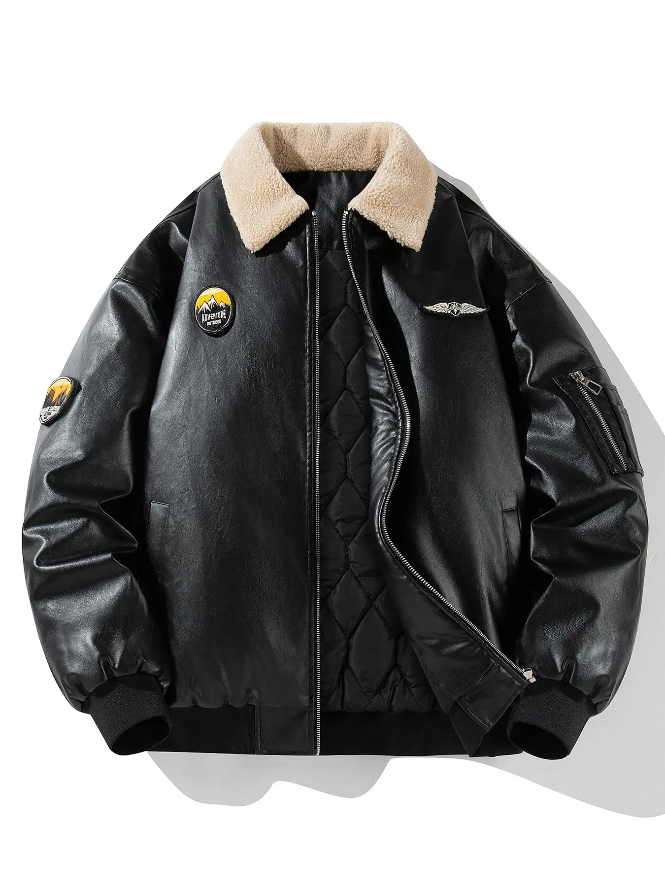 Men's winter and autumn warm cotton-padded leather coat