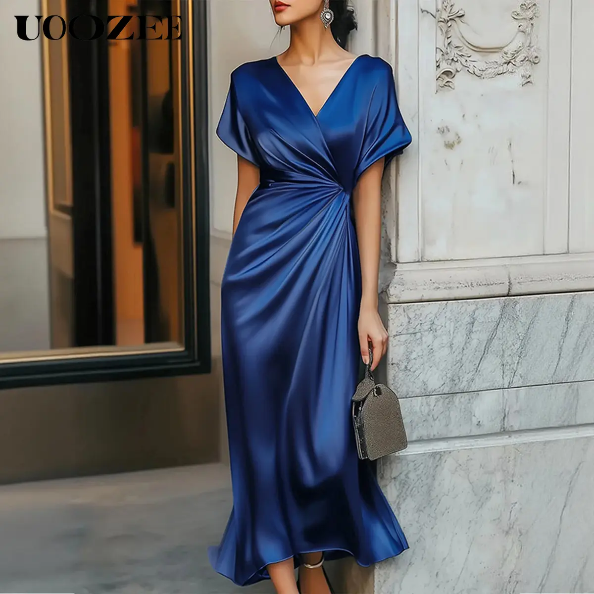 UOOZEE Women's Elegant Satin Formal Dress - V-Neck, Waist-Cinching, Slim-Fit Midi Gown with Spandex, Flexible Stretch Style for Wedding Guest & Casual Occasions, Polyester, Wedding Guest Dresses, Formal Dresses