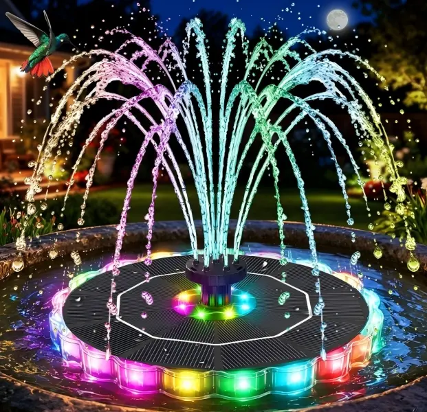 Solar Fountain with Color Changing LED Ring Lights,7 Spray Nozzles & 4 Anti-Drift Fixers, Adjustable Spray Outdoor Water Decor for Holiday Party, Bird Bath, Garden, Patio & Pond