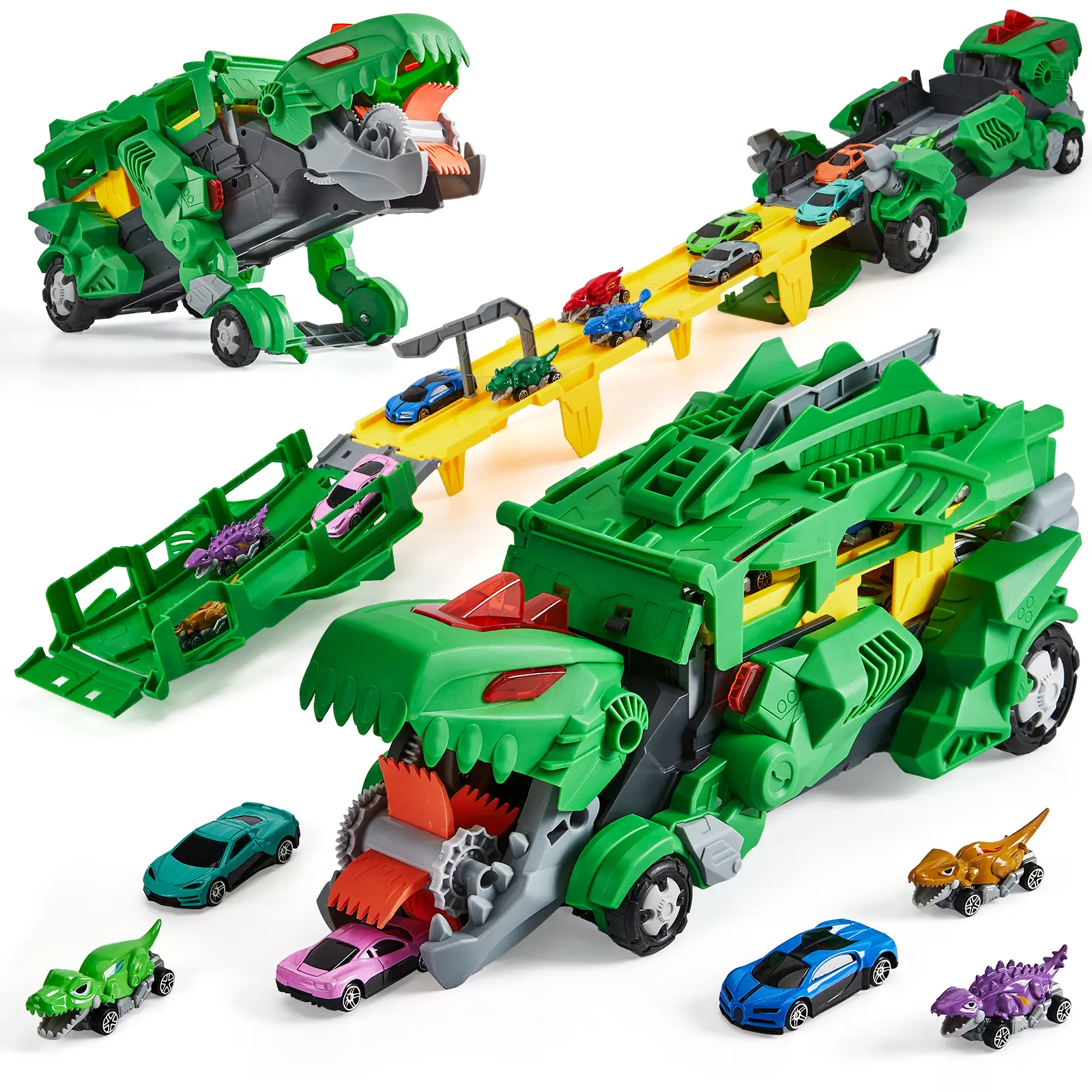 “Hot Wheels 4-in-1 Track Set with Dinosaur Transporter – 44.3-Inch Dual Lane Ramp, Foldable Storage, Portable Play, Comes with 12 Hot Wheels Cars