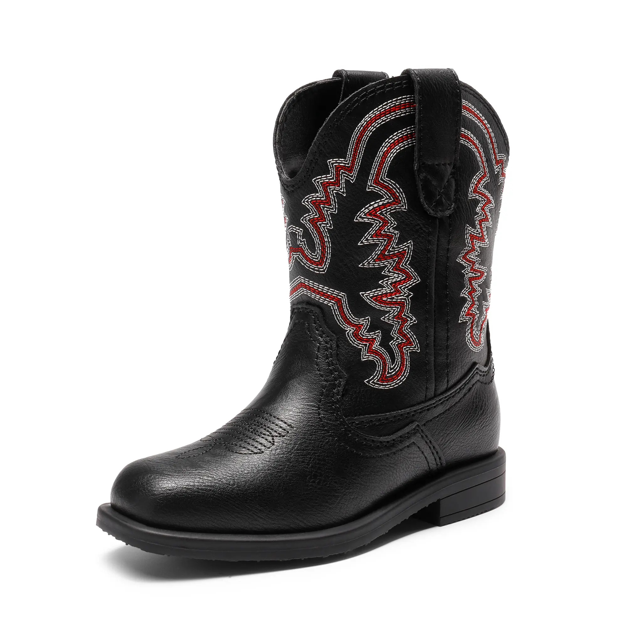 Dream Pairs Kids' Embroidered Western PU Leather Cowboy Boots with Square Toe, Low Heel, and Easy Pull-On Tabs, Fashion Boot, Footwear Boot
