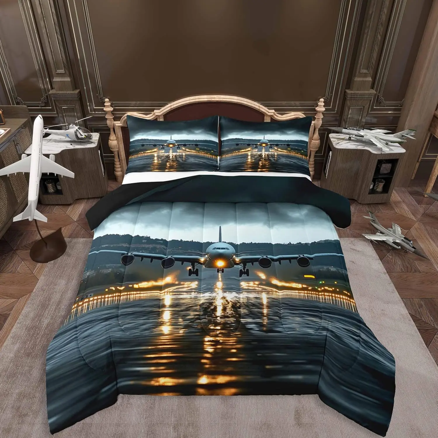 Airport Airplane Bedding Set,Black Clouds Natural Scenery Comforter Set Adults,Modern Cool 3D Plane Print Comforter Duvet Set