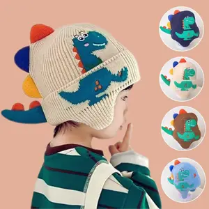 Kids Boys Girls Dinosaur Winter Knit Hat Baby Toddler Thick Scarf Earflap Hood Scarves Skull Caps