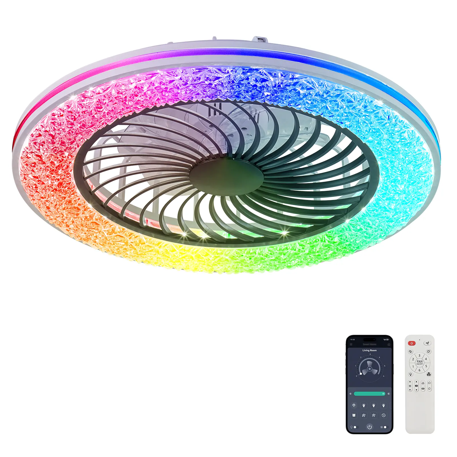 23-Inch Enclosed Bladeless RGB Ceiling Fan with Cool RGB Light, Iron Frame, Pure Copper Motor - Contemporary Low-Profile Home Appliance, Built-In Blades, 6 Adjustable Wind Speeds, Rich Colors, Reverse Spin, Safe for Living Room (Ideal for Children)