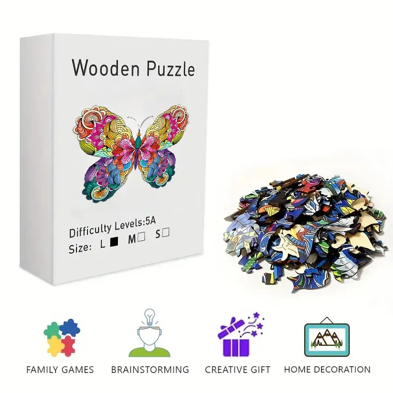 Rainbow Mandala Butterfly Wooden Jigsaw Puzzle for Adults & Kids - Challenging Irregular Shaped Pieces, Vibrant Zentangle Butterfly Art Puzzle, Stress Relief Brain Teaser, Framable Wall Art & Home Decor