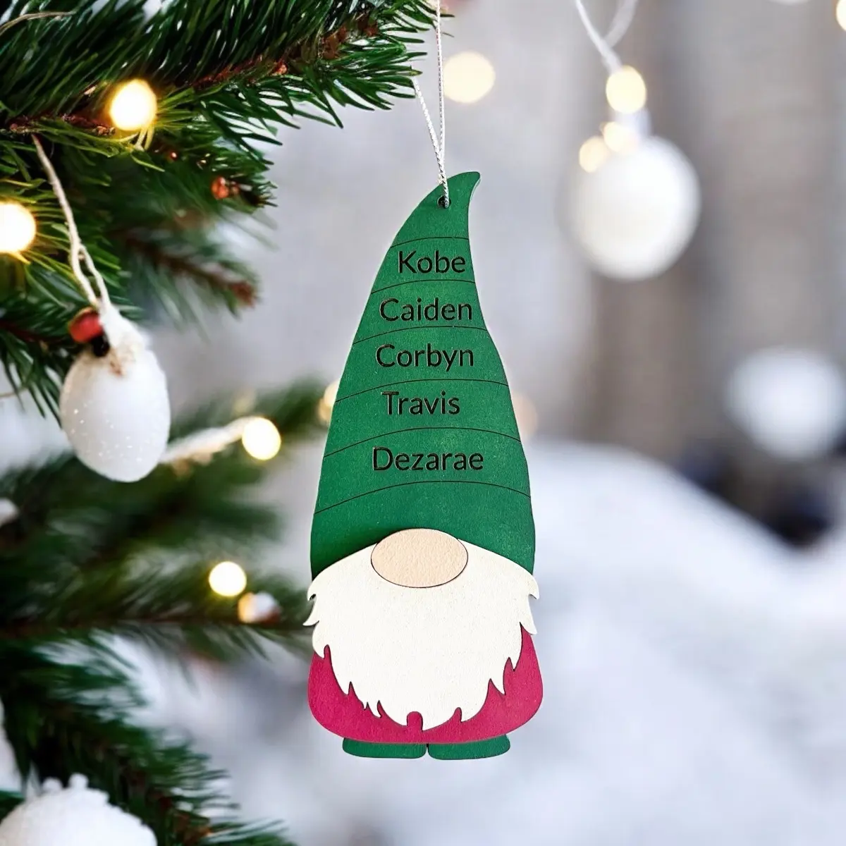 Personalized Wood Family Gnome Ornament with Custom Engraved Names - Holiday Tree Decoration Hat Wooden
