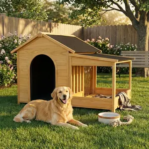 Aobtkel®60.2" Large Outdoor Dog House with Insulated Liner for Winter Waterproof Dog Kennel for Medium & Large Dogs, Dog House with Porch and Asphalt Roof and Elevated Floor, Nature