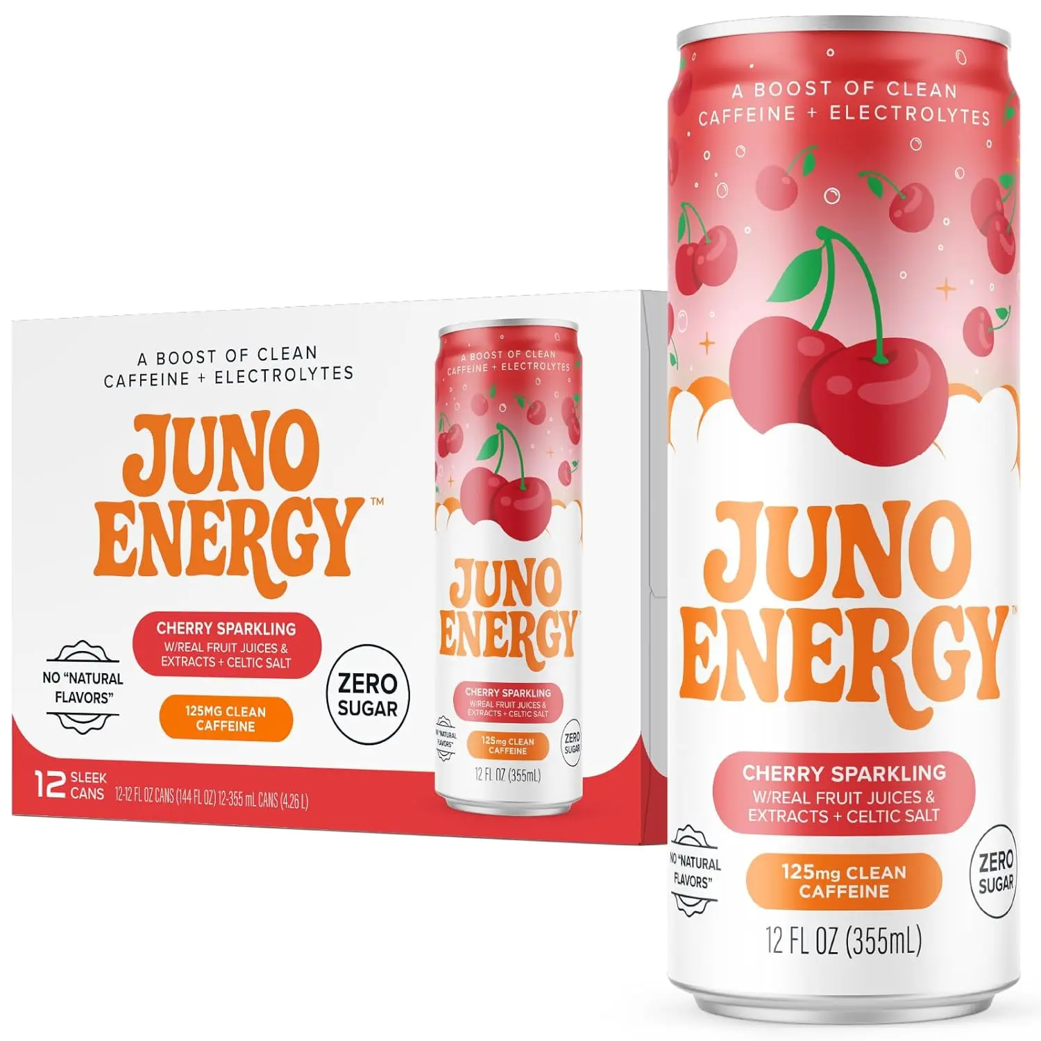 Organic Cherry Sparkling Energy Drink - Sugar Free, Energizing and Hydrating with 125mg Organic Caffeine from Green Coffee Beans, Stevia, Sour and Black Cherry Juice & Electrolytes - Vegan, Gluten Free, 12 Pack