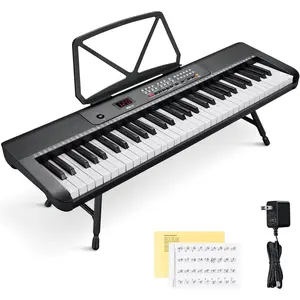 61  Compact Keyboard Piano with Foldable Mini Stand, Built-in 255 Sounds, 255 Rhythms, 24 Demos, Includes Sheet  Stand, Note Stickers & Power , for Beginners, Black