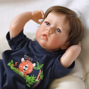 20 inch Realistic Baby Boy Liam Rooted Curly Hair Ocean Blue Eyes in Navy Leopard Onesie Full Vinyl Body Feeding Set 50cm Ultimate Boy Gift first  baby reborn  awake  doll