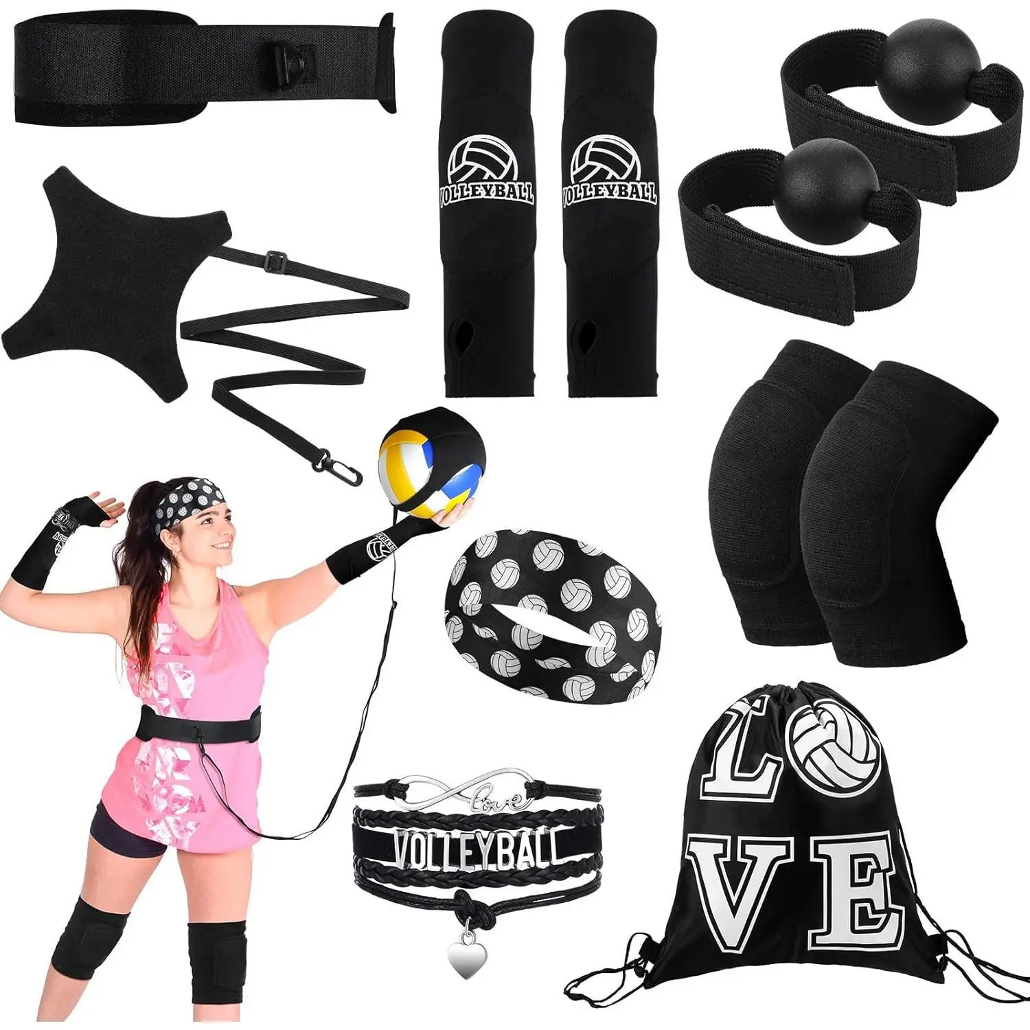 Volleyball Equipment 7-Piece Sturdy Nylon Training Kit - Ball Rebounder, Rebound Cord, Elastic Straps, Wristbands, Finger Corrector, Adjustable Design for Solo Serving Practice, Adults Youth, Time-Saving Ball Control Boost, Ideal Gifts for Beginners