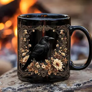 Floral Raven Ceramic Mug, Dark Academia Coffee Cup, Goblincore Raven Lover Gift, Gothic Aesthetic Mug