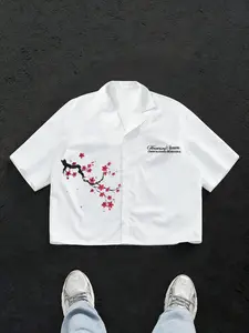 Men's Japanese Street Style Cherry Blossom Print Cuban Collar Shirt, Short Sleeve Summer Vacation Tee, Spring Floral Theme