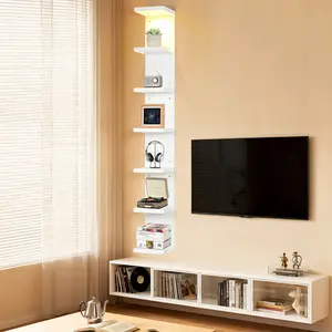 Floating Shelves, 7-Tier LED Wall Shelf with Remote Control, White Floating Shelves Unit, Wall Mounted Display Storage