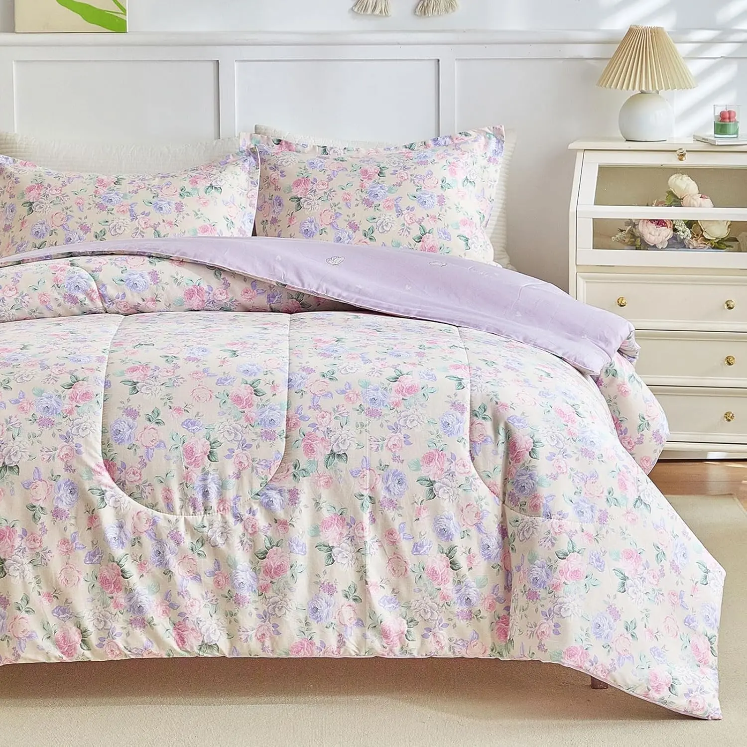 Girls' 3-Piece Floral Cotton Comforter Set with Shams - Pink Purple on Light Khaki, Whole Microfiber, Soft Cozy All-Season Bedding, Easy-Care Machine Wash Cold, 68x88 in