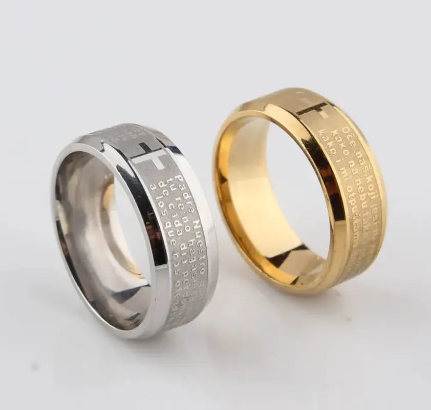 Bible Stainless Steel Ring Father Prayer Padre Nuestro Cross Rings 8Mm Men Jewelry