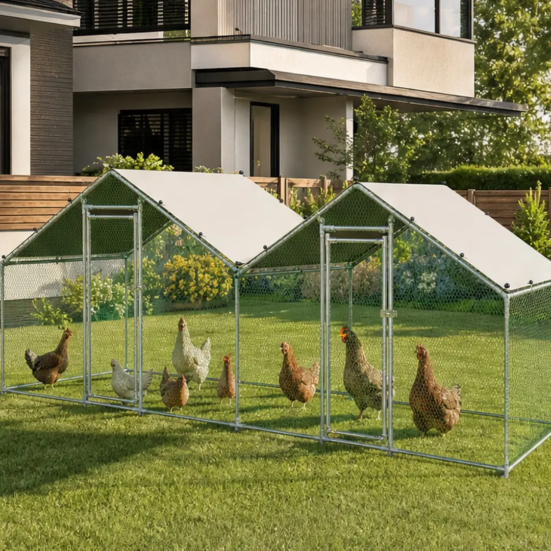 ARCH 6x20ft Heavy Duty Galvanized Steel Enclosed Chicken Cage - Double Peak Water-Resistant Roof, Small Hex Mesh Reinforced Wire, Dual-Zone Design, Predator Proof Outdoor Poultry Cage for Backyard Grey Goose, Chicken Cage Enclosed