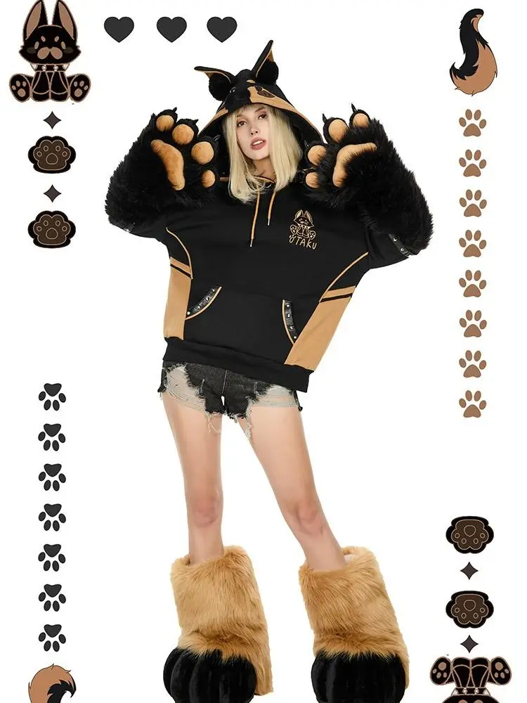 micotaku Women's German Shepherd Furry Hoodie, Cozy Warm Fabric Multi-Piece Set with Detachable Paws, Ears and Tail, Pieces, Tops, Sweatshirts, Cosplay, Polyester, Embroidery, Cute, Pullover Hoodie