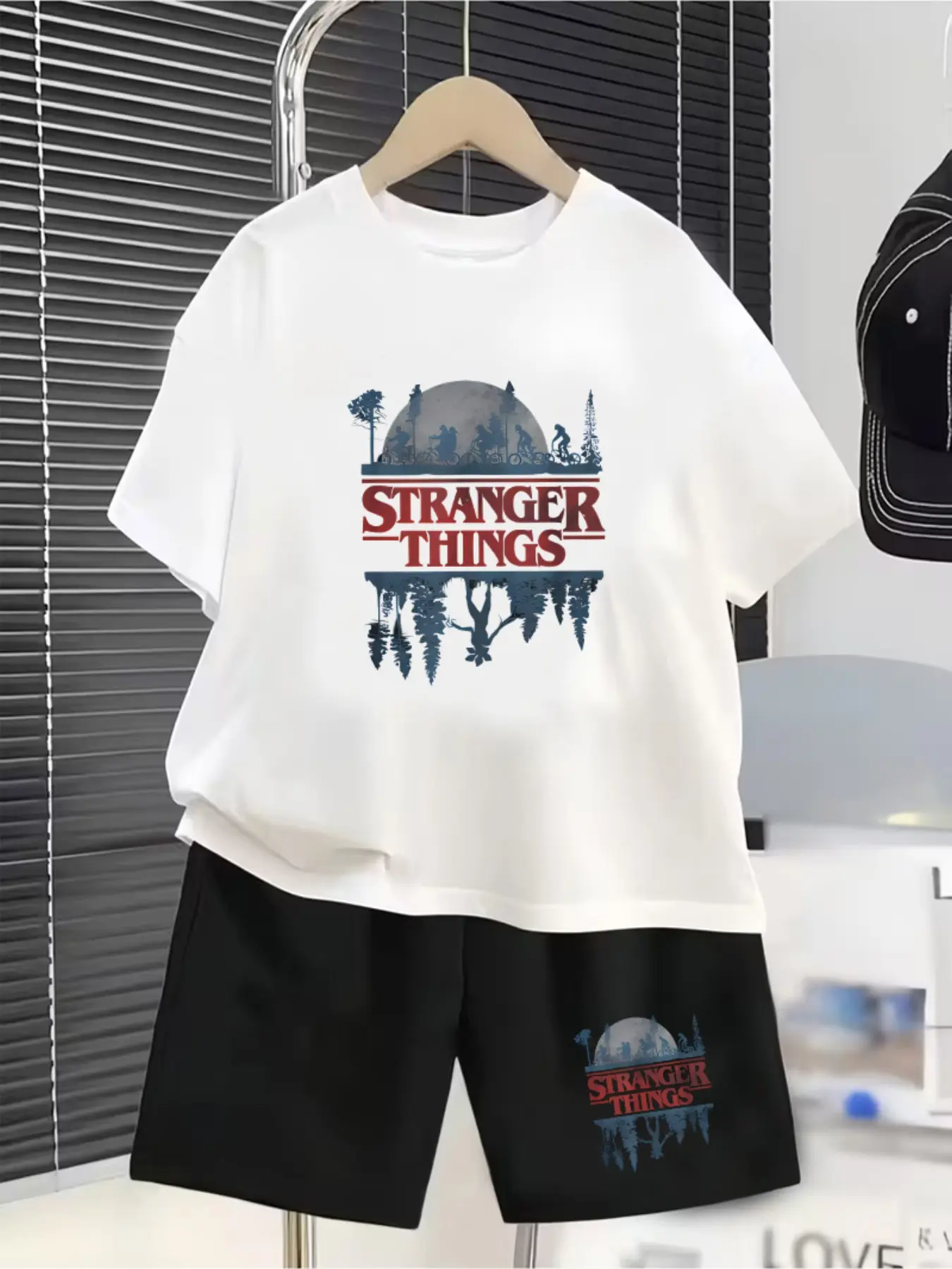 Stranger Things Cycling Silhouette Print Children's Set, Summer New Design - Boys' And Girls' Short-Sleeved T-Shirts + Shorts 2-Piece Set, Comfortable, Casual, Fashionable And Versatile For Daily Use, Ideal Gift Choice