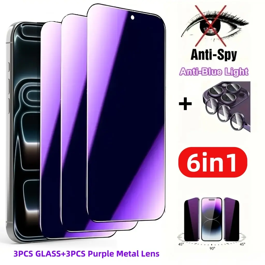 6in1 3pcs Anti-blue Light Privacy Screen Protector, Tempered glass film+3pcs Purple Metal Lens For iPhone 17/17 Pro/17 Pro Max/16/15/14/13/12/11/Plus/13 Mini/12 Mini, Full Coverage,9H Hardness,Anti-Spy,Anti-Glare,Anti Fingerprint,Easy to Install