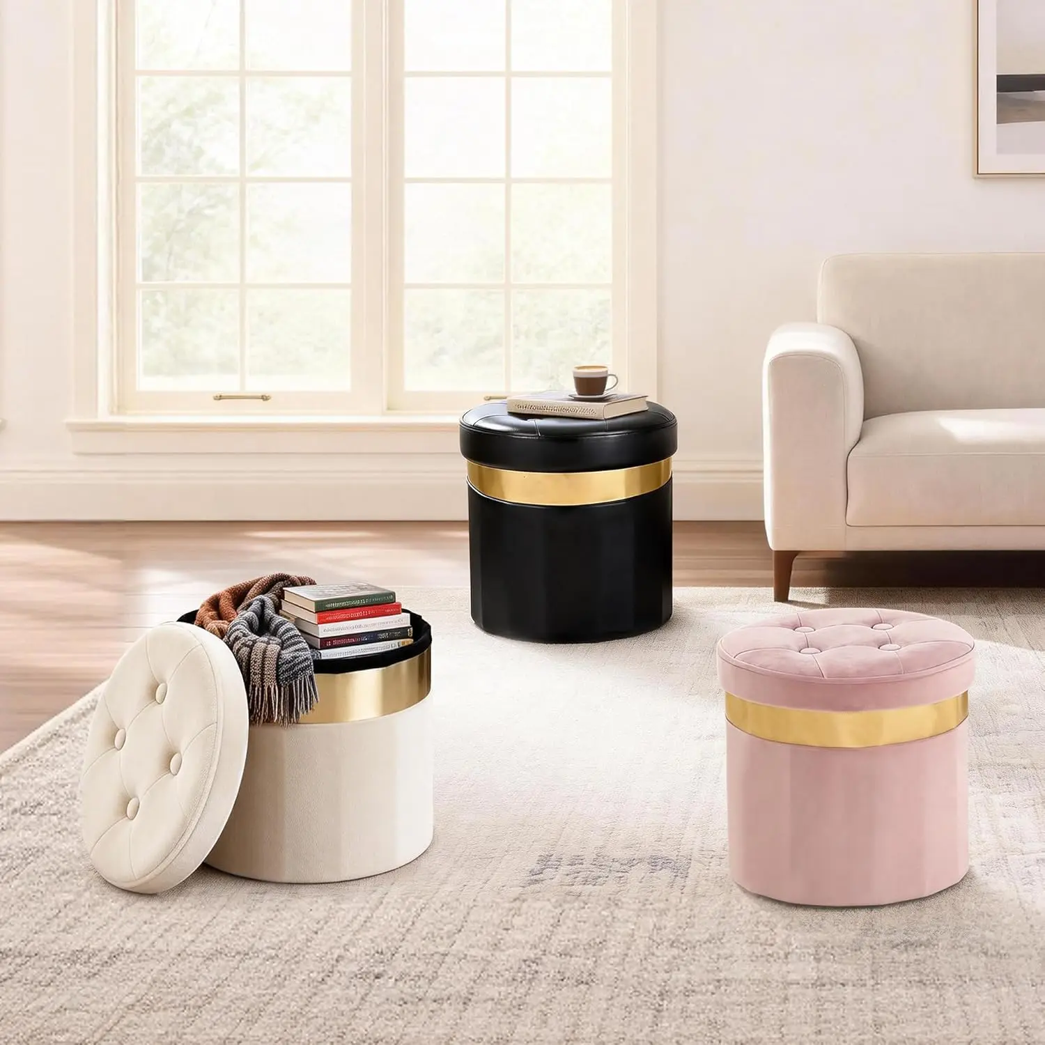 Round Ottoman with Gold Trim with Soft Padded,Foot Rest for Living Room13“x13”x12.4(Beige,1pcs)