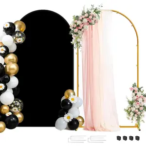 Arch Backdrop Stand and Cover Set, 7.2FT Gold Wedding Backdrop Arch Frame Stand with Cover, Balloon Arch Stand with Black Arch Cover for Birthday Baby Shower Graduation Decorations