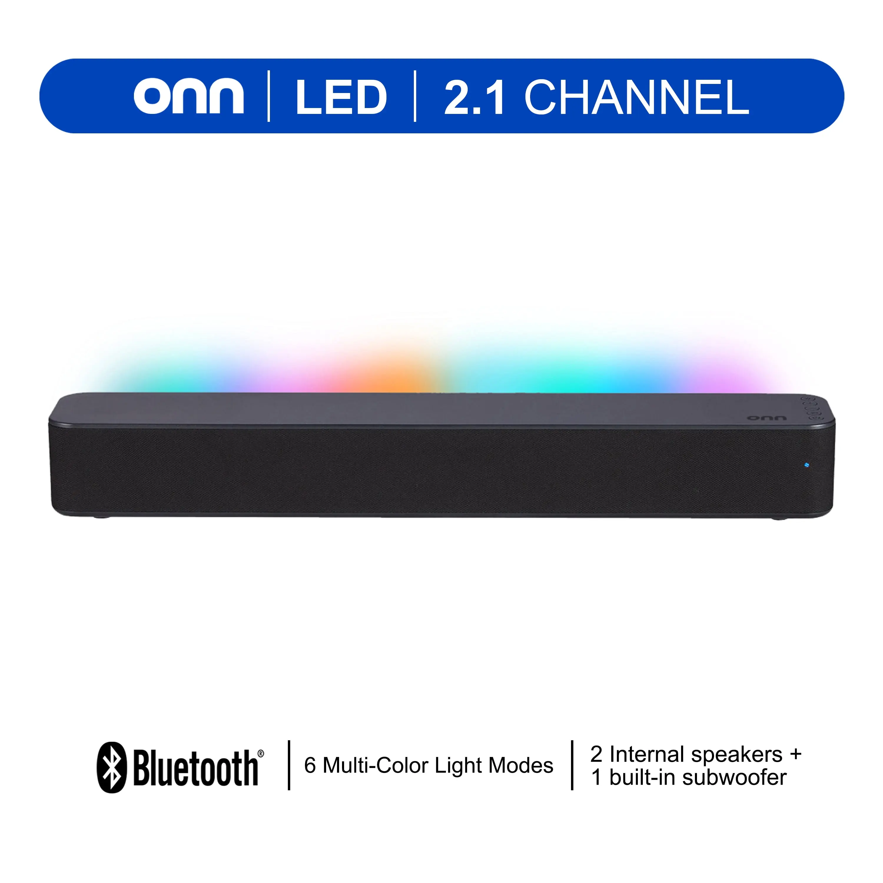 onn 20 Inch Bluetooth 2.1 Channel Soundbar with Multi-Color LED Lighting, Black onn 20 Inch Bluetooth 2.1 Channel Soundbar with Multi-Color LED Lighting, Black