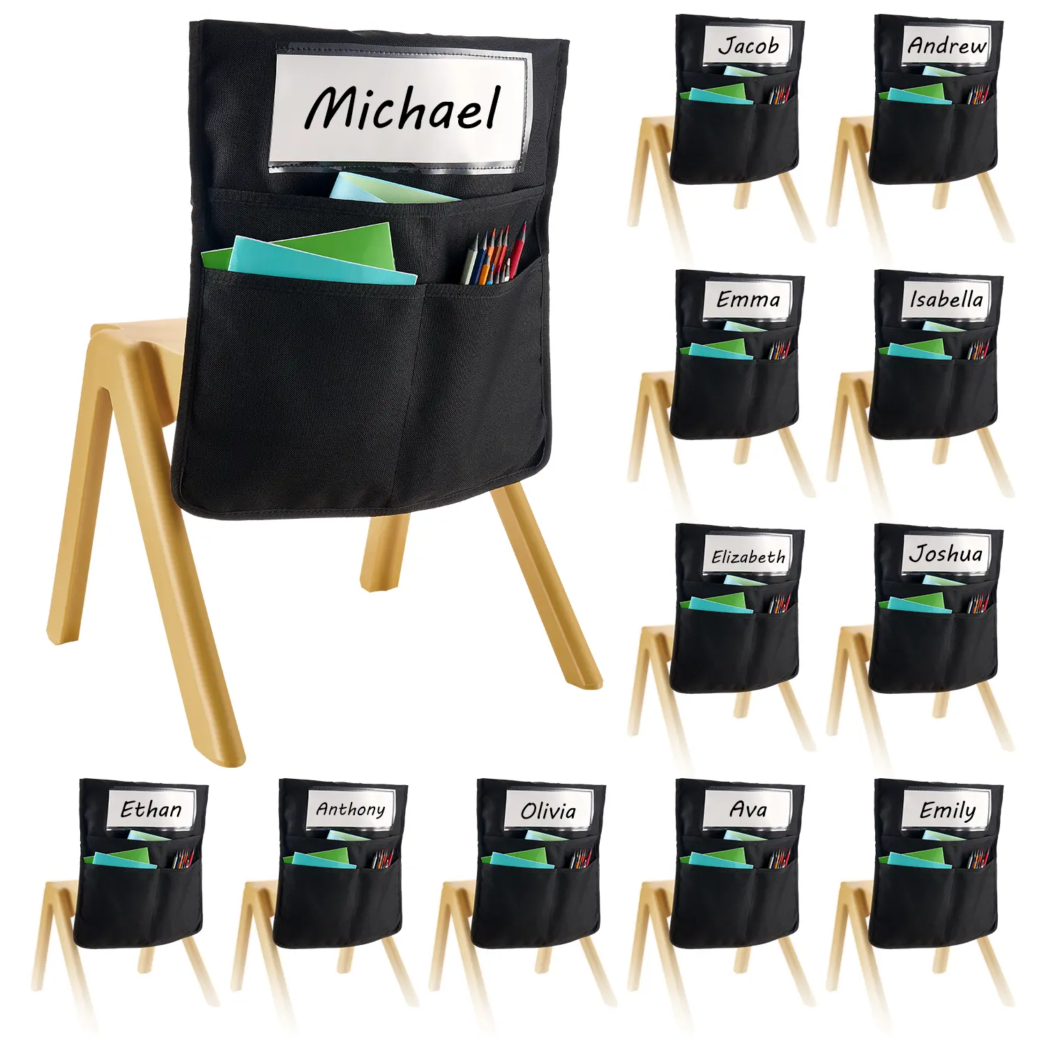【SummerFinds】VEVOR Classroom Chair Pockets 12-Pack 17x19in Desk Organizers, Durable Oxford Fabric with Name Tag, Back-to-School Organizing Supplies for Kids' Classroom Management, Holds Notebooks & School Supplies, Black