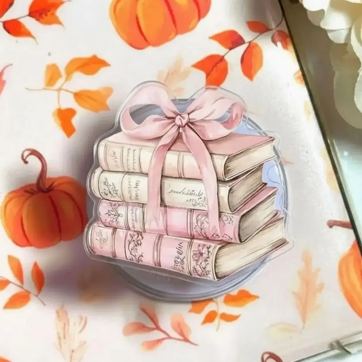 Pink Book Stack Phone Grip, Coquette Reader Aesthetic Pop Socket, MagSafe Compatible Grip Stand, Cute Book Lover Holder for iPhone Android Kindle Gift