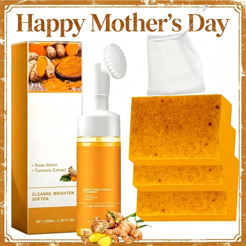 Turmeric Cleansing Mousse & Lemon Turmeric Kojic Acid Brightening Soap 2-Piece Set, Facial Cleanser Wash Exfoliating Dark Spot Glow Skincare Thanksgiving gift tumeric