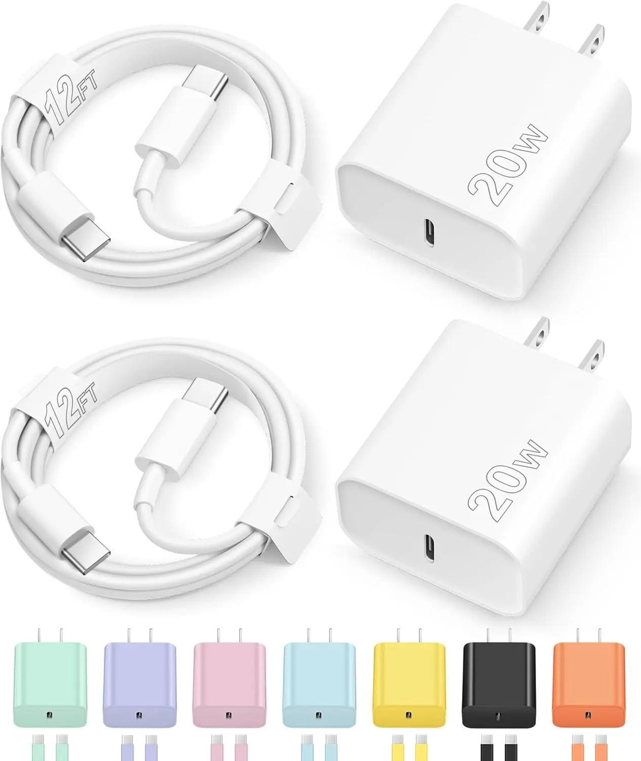 12FT iPhone 17 16 15 Charger Fast Charging Type C Charger USB C Charger | for iPhones, iPads,Tablets, Android phones,20W iPhone Charger USB-C Power Adapter,with Extra Long USB-C Charging Cables